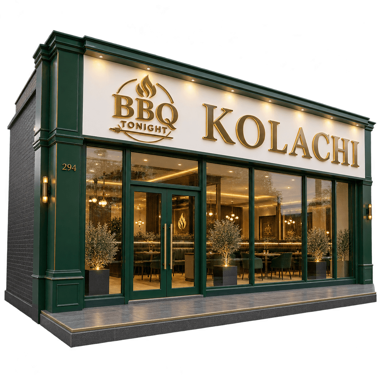 Full concept rendering of the BBQ Tonight Kolachi glass-fronted restaurant
