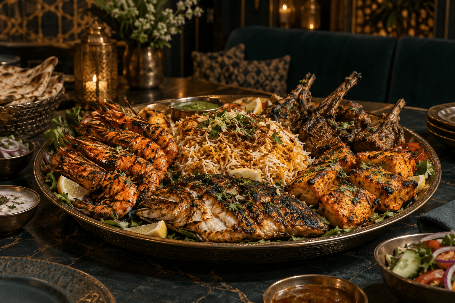 A Pakistani seafood and mixed grill sharing platter